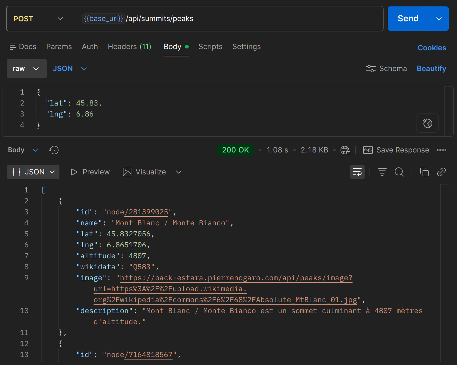 POST /api/summits/peaks dans Postman