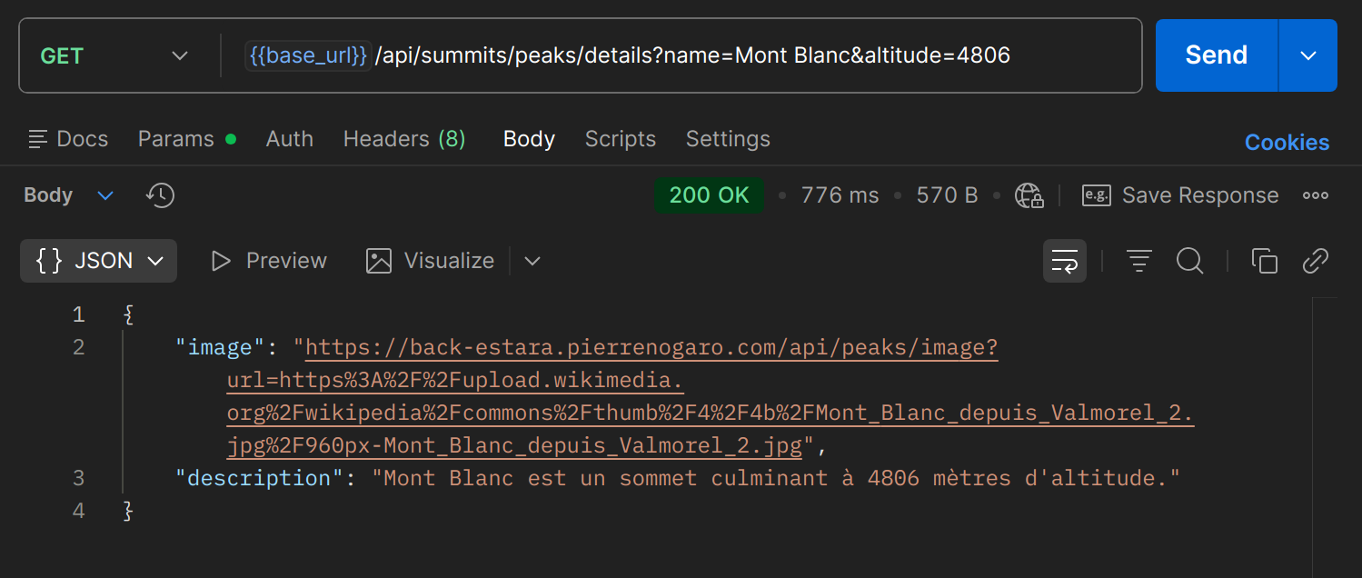 GET /api/summits/peaks/details?wikidata=&name=&altitude= dans Postman