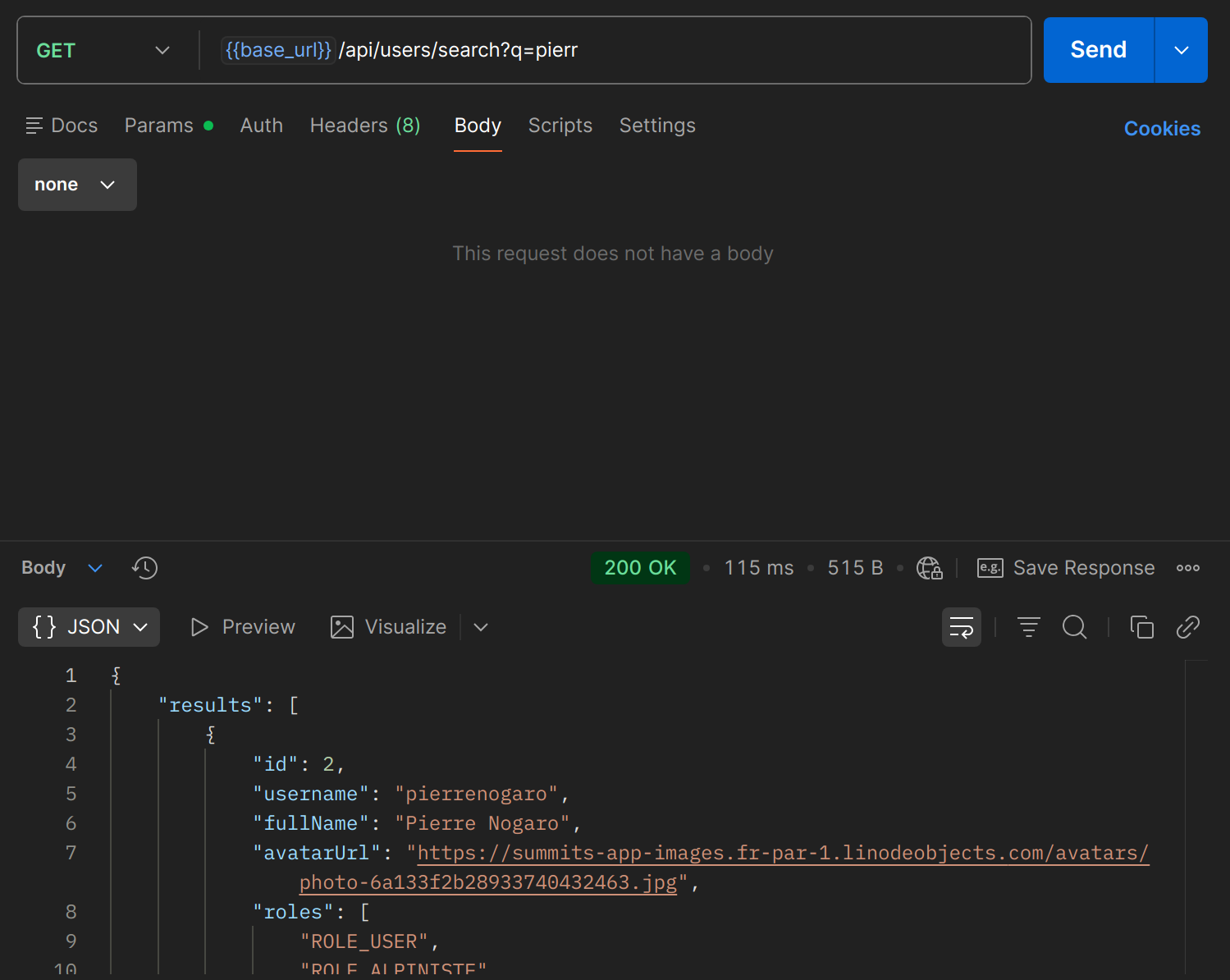 GET /api/users/search?q=marie dans Postman