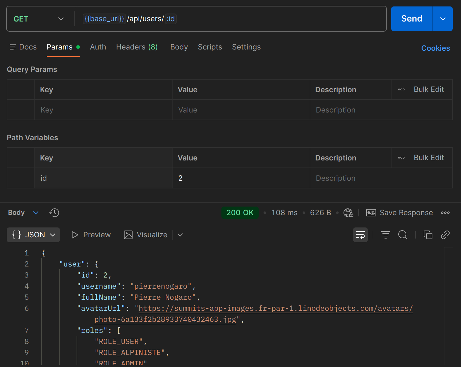 GET /api/users/{id} dans Postman