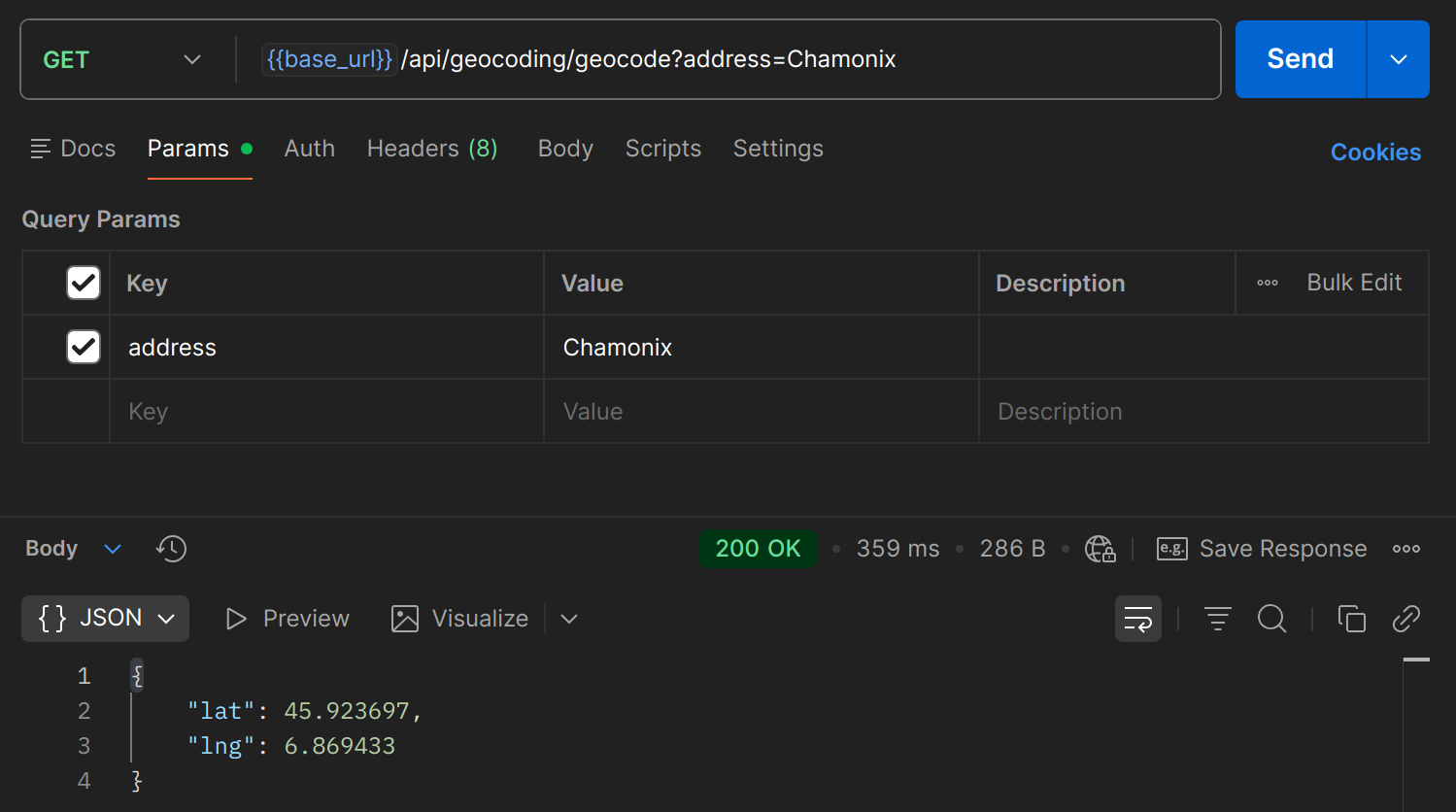GET /api/geocoding/geocode?address=Chamonix dans Postman