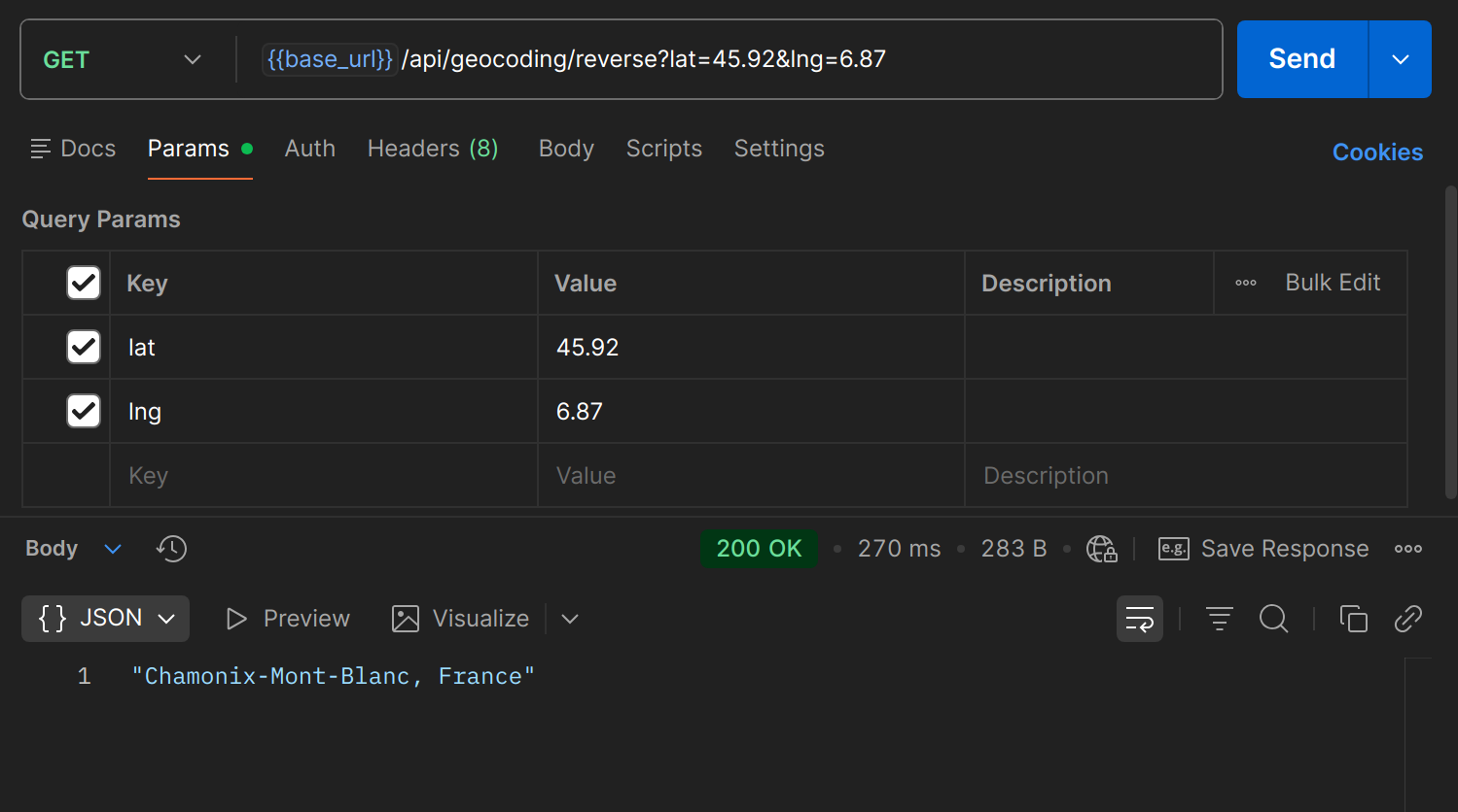 GET /api/geocoding/reverse?lat=&lng= dans Postman