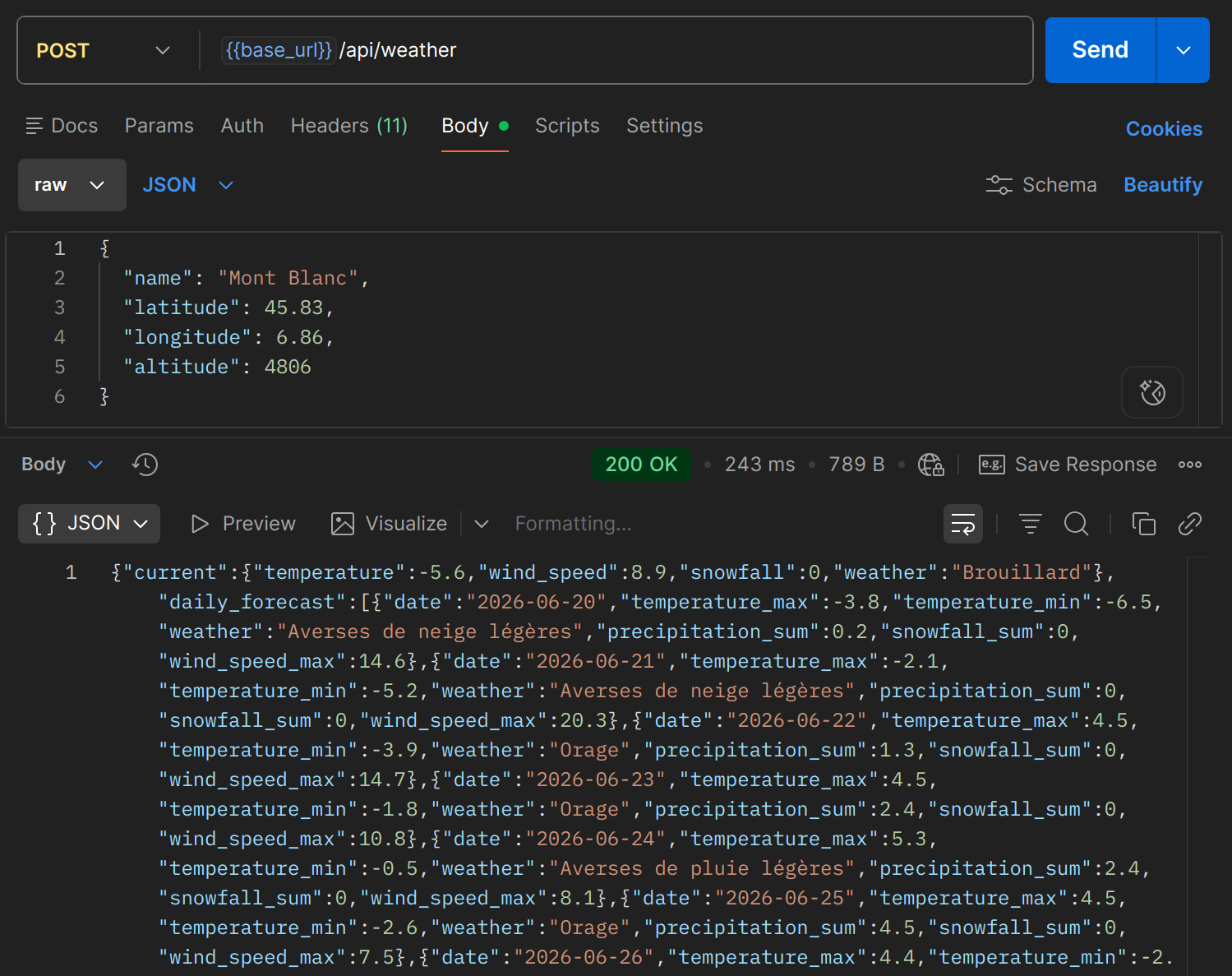 POST /api/weather dans Postman