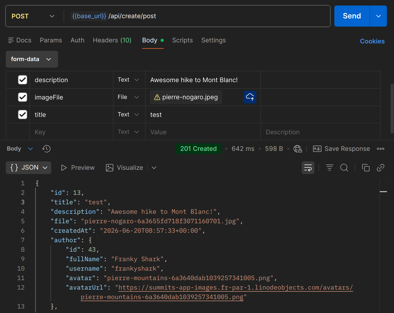 POST /api/create/post dans Postman