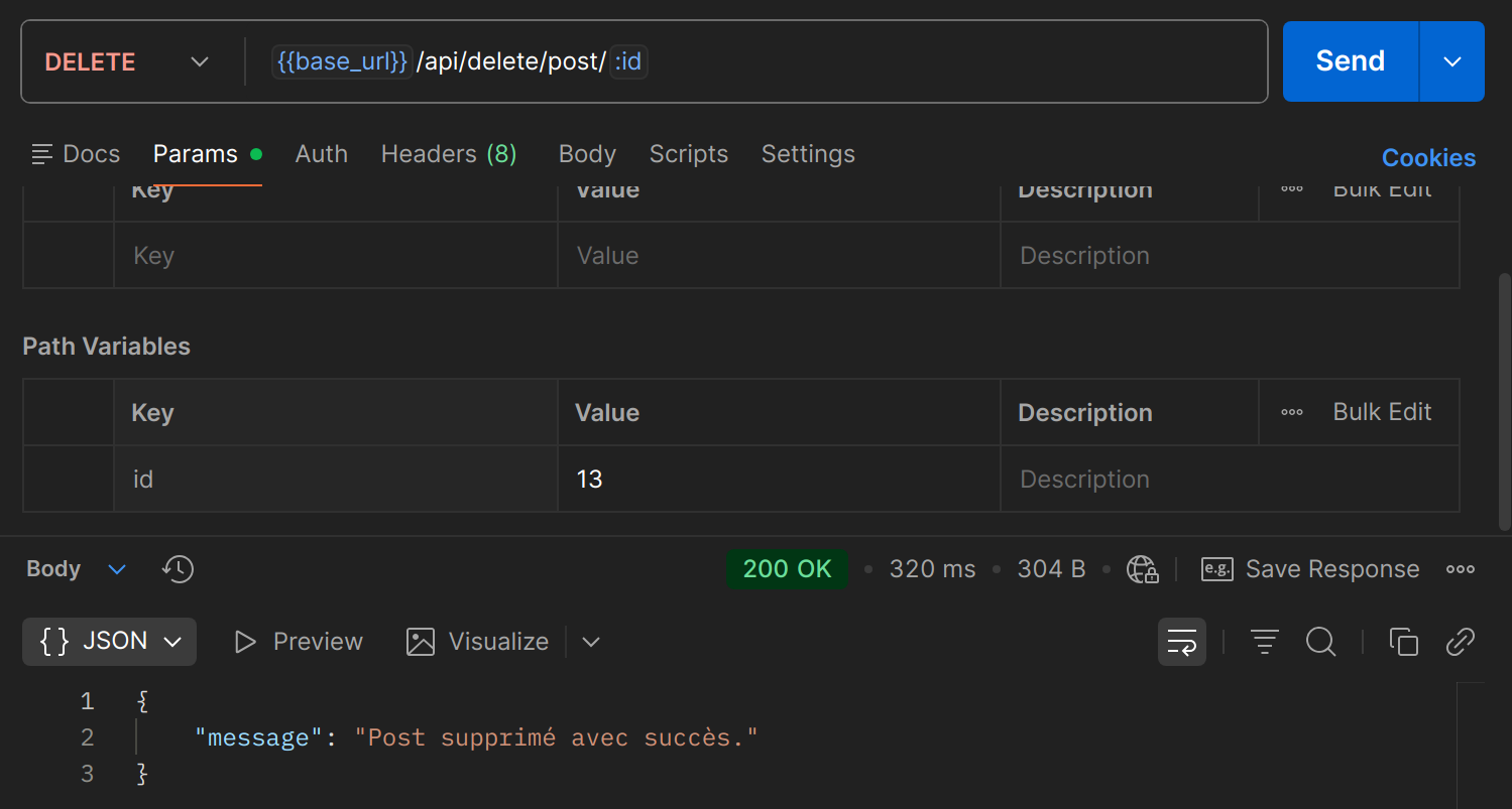 DELETE /api/delete/post/{id} dans Postman