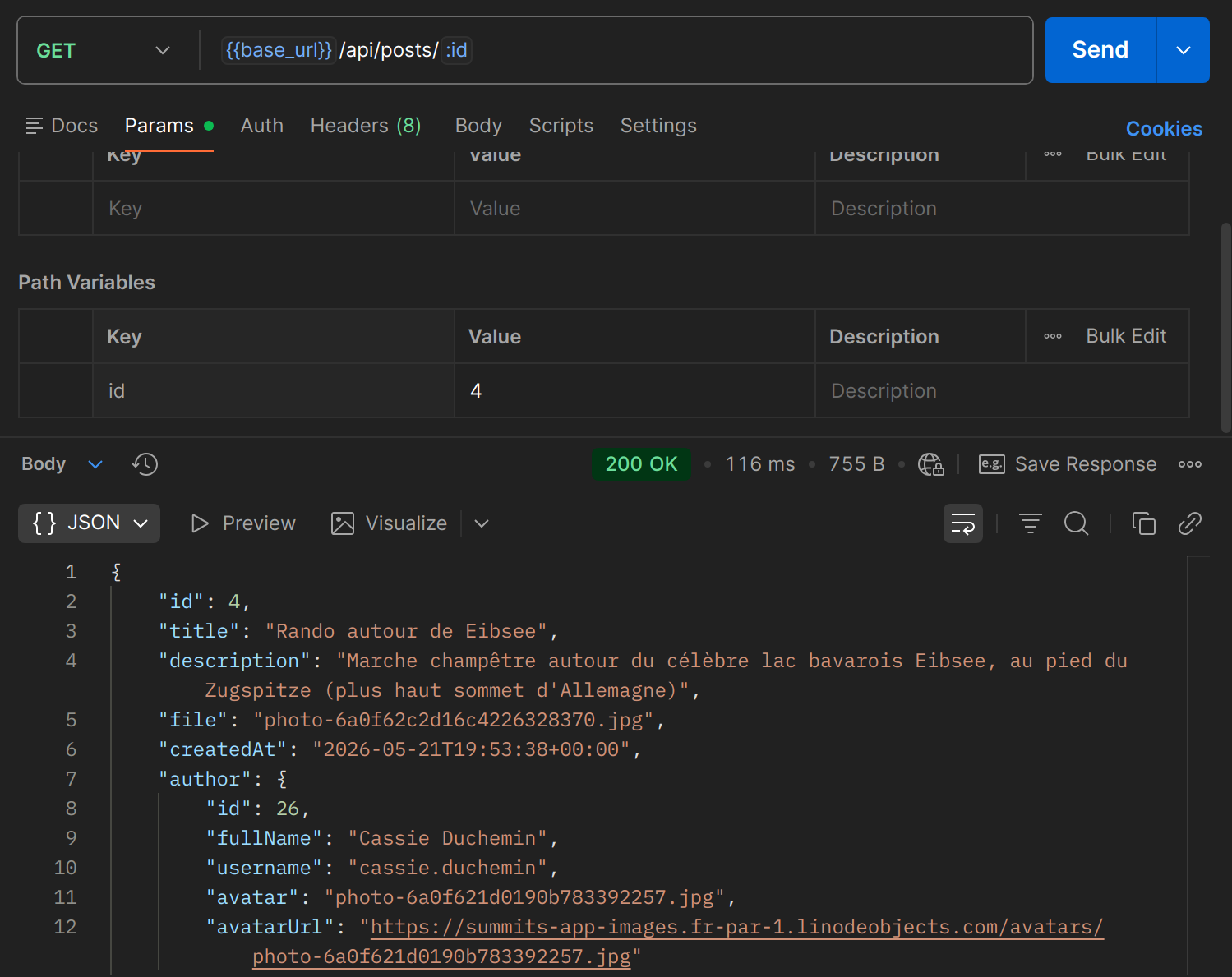 GET /api/posts/{id} dans Postman