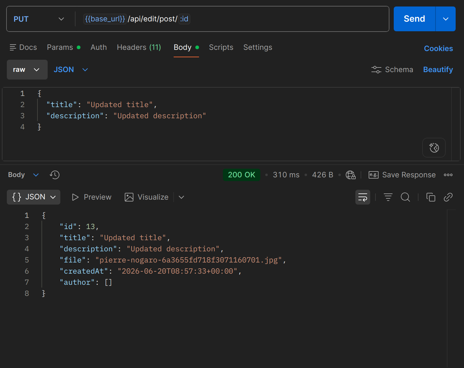 PUT /api/edit/post/{id} dans Postman