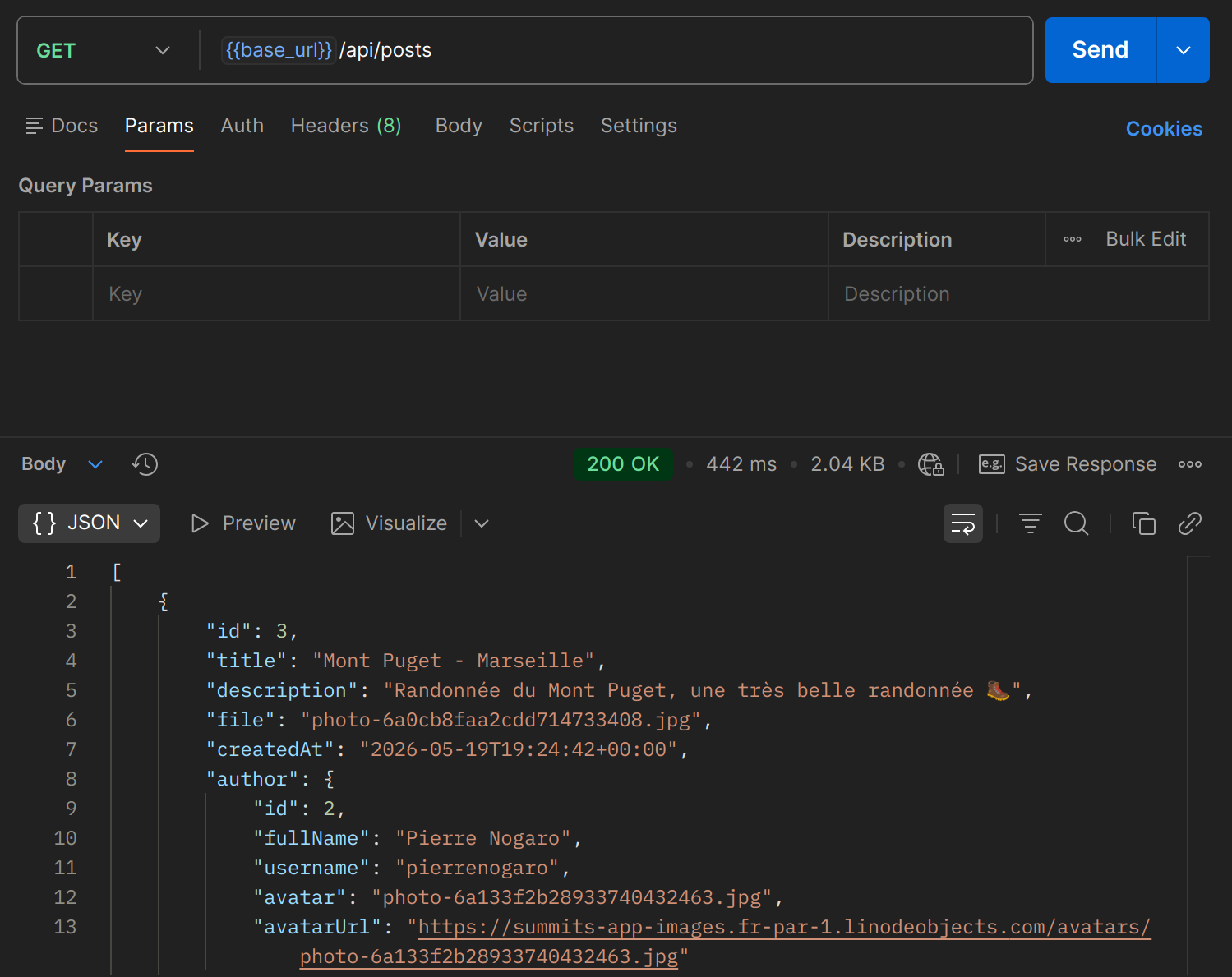 GET /api/posts dans Postman