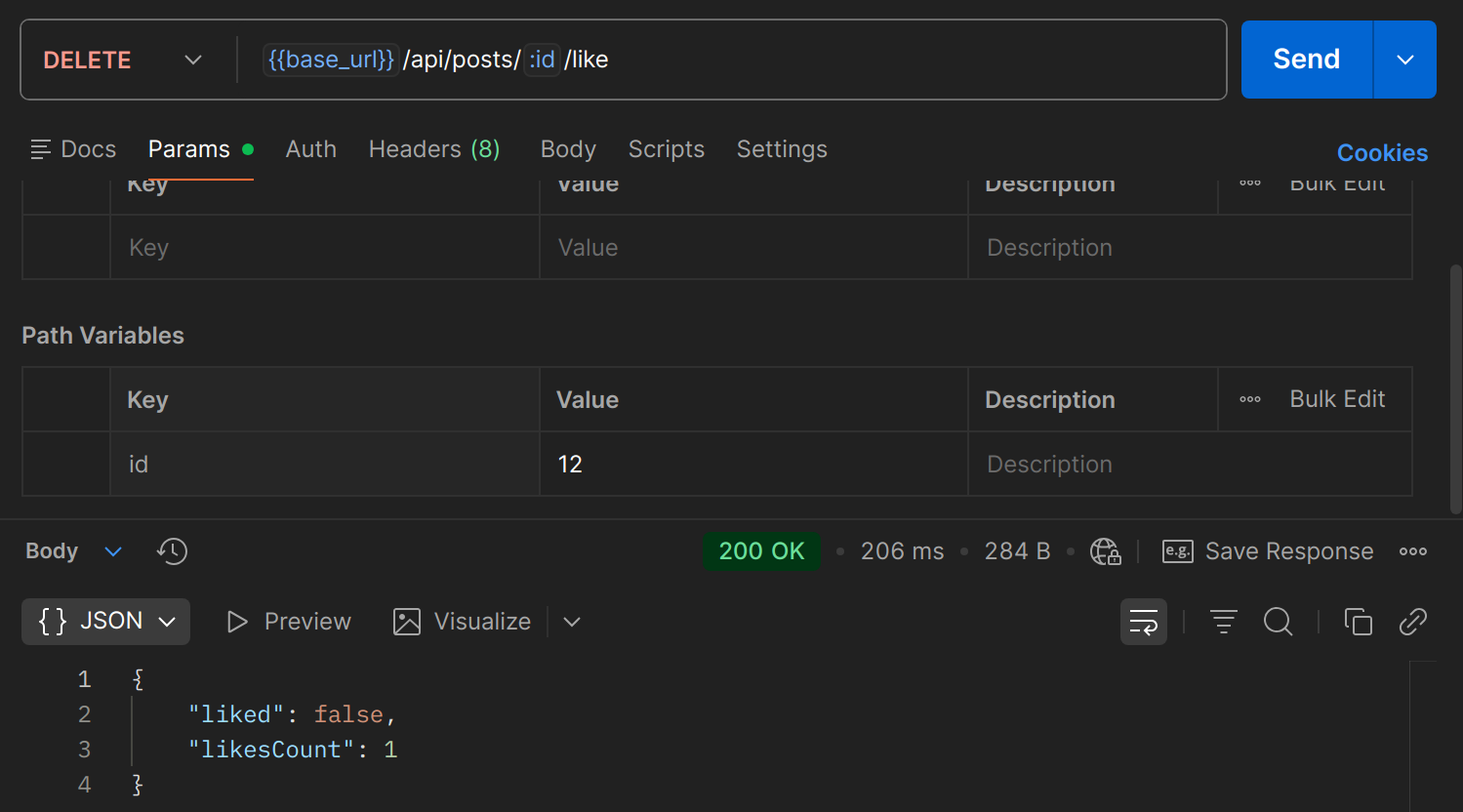 DELETE /api/posts/{id}/like dans Postman